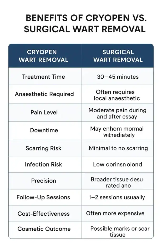 Table showing the benefits of cryopen to remove warts Southall compared to surgical treatment